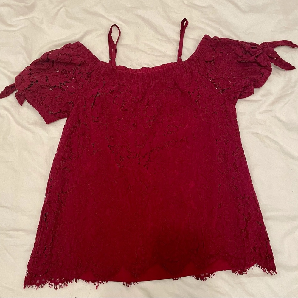 Maroon off-the-shoulder with spaghetti straps